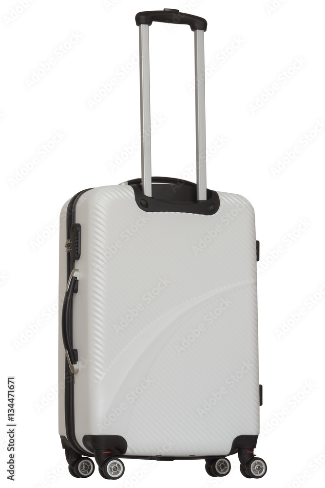 Obraz premium White plastic suitcase isolated on white background