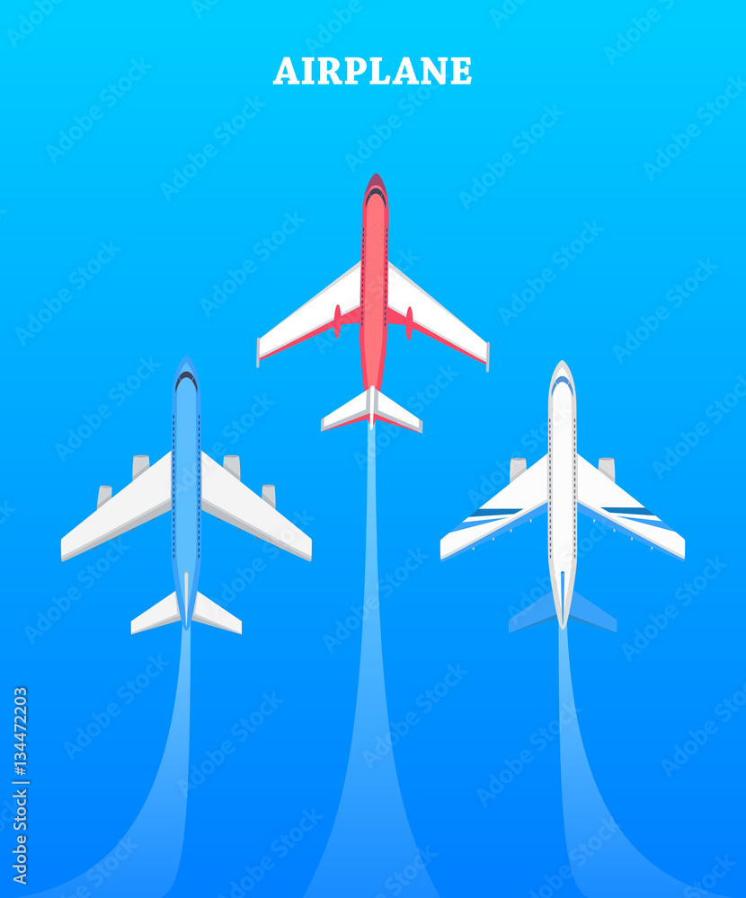 Set of Airplanes Flying in Blue Sky. Avia Poster Set of Airplanes Flying in Blue Sky. Avia Poster