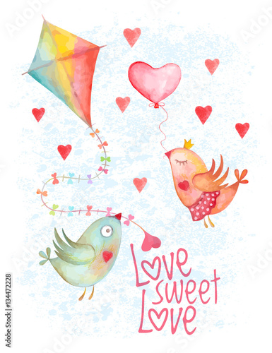 Valentine Day birds couple with heart and kite on blue background. Not autotrace