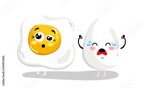 Cute whole and fried egg cartoon character isolated on white background vector illustration. Funny fast food menu emoticon face icon. Worried cartoon face food, comical scrambled egg animated mascot