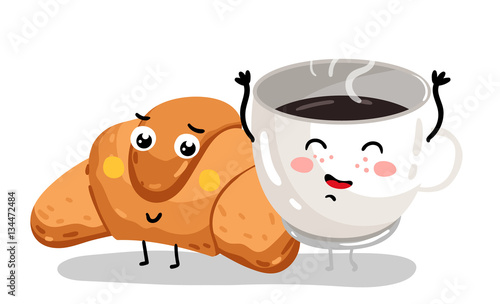 Cute croissant and coffee cup cartoon character isolated on white background vector illustration. Funny hot drink and bakery pastry emoticon face icon. Happy smile cartoon face food, comical breakfast