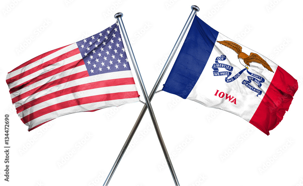 iowa and USA flag, 3D rendering, crossed flags