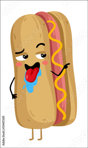 Cute hot dog cartoon character isolated on white background vector illustration. Funny fast food sandwich emoticon face icon. Happy smile cartoon face food, comical hot dog animated mascot symbol