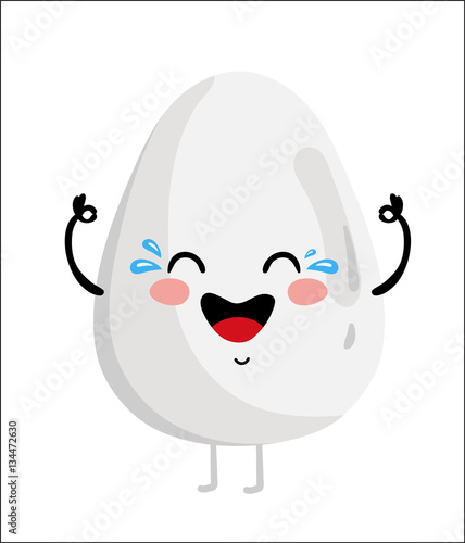 Cute happy egg cartoon character isolated on white background vector illustration. Funny fast food menu emoticon face icon. Happy smile cartoon face food, comical chicken egg animated mascot symbol