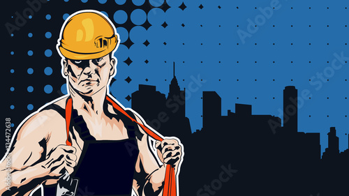 Industrial worker men with rope. Halftone dots background. Vector hand drawn image.