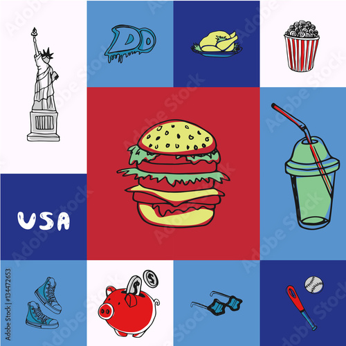 Checkered concept in american national colors with country related symbols. Hamburger, graffiti, turkey, popcorn, soda, baseball, sneakers, sunglasses, Statue of Liberty, piggy bank drawn vector icons