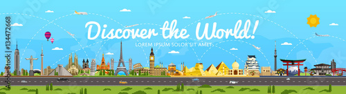 Discover the World poster with famous attractions vector illustration. Taj Mahal, Todaydzi, Sagrada Familia, Chichen Itza pyramid, Empire State Building and other. Tour guide for traveling agency
