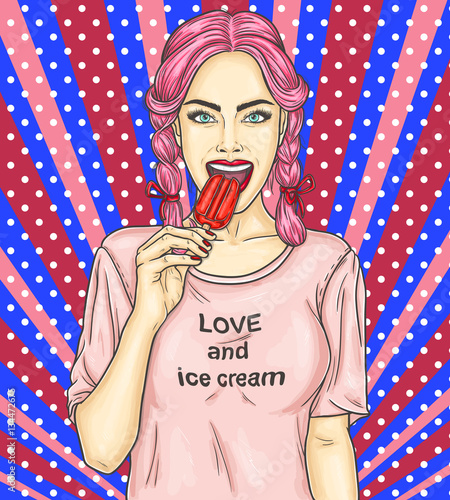 Pop art pin up young sexy girl eating eskimo pie