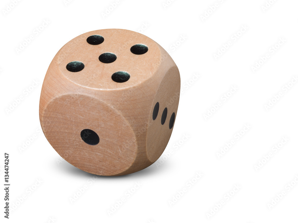 Single wooden Dice on white background