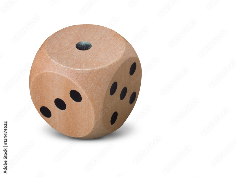 Single wooden Dice on white background