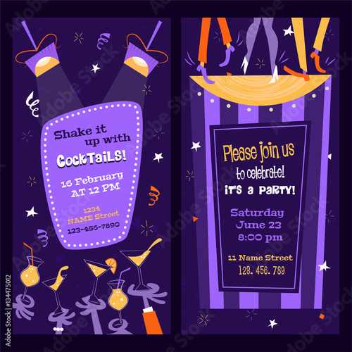 Vertical party flyers in mid century style. Bright templates with cocktails, alcoholic drinks and dancing people. 1950s. Easy editable.