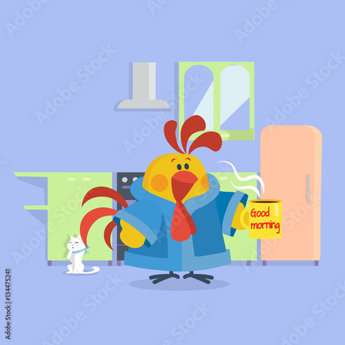 Rooster Bird in Bathrobe. Cock Drinks Coffee