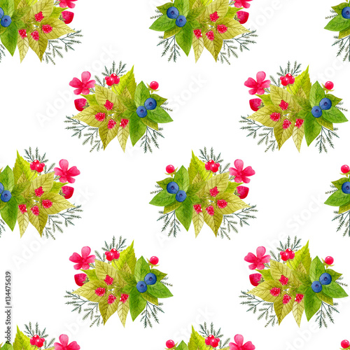 Watercolor seamless pattern with hand painted forest plants, mushrooms, leaf and berries.in bright cartoon style