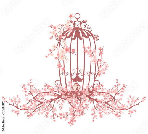 bird cage among sakura tree branches