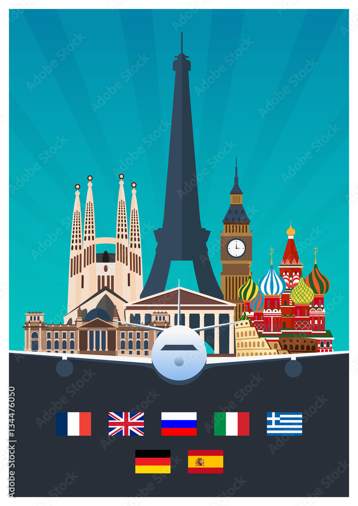 Big Collection of Travel posters to the Europe. Schengen. Vecor Flat illustration.