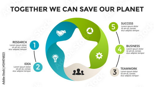 Vector circle arrows green leaves eco infographic. Ecology diagram, flower graph, presentation, chart. Organic nature concept with 5 options, parts, steps. 16x9 slide template.
