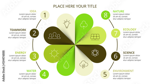 Vector circle arrows green leaves eco infographic. Ecology diagram, flower graph, presentation, chart. Organic nature concept with 8 options, parts, steps. 16x9 slide template.