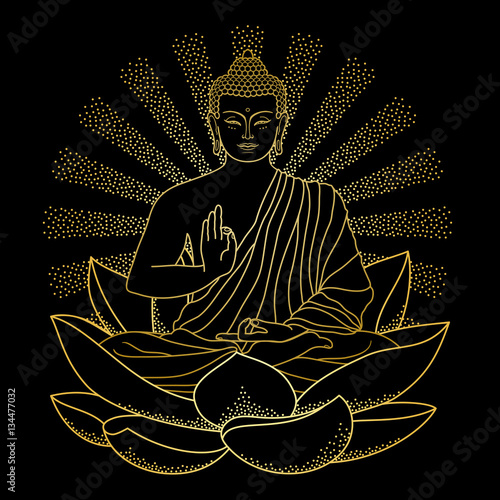 Gold Buddha sitting on Lotus with beam of light