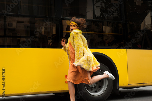 Yellow fashion image. The theme of spring and sun colors