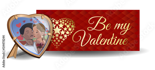 Valentine's Day card. Banner. Photo in the frame on the background of a greeting card. Be my Valentine. Couples in love. Boy and girl kissing. Vector illustration