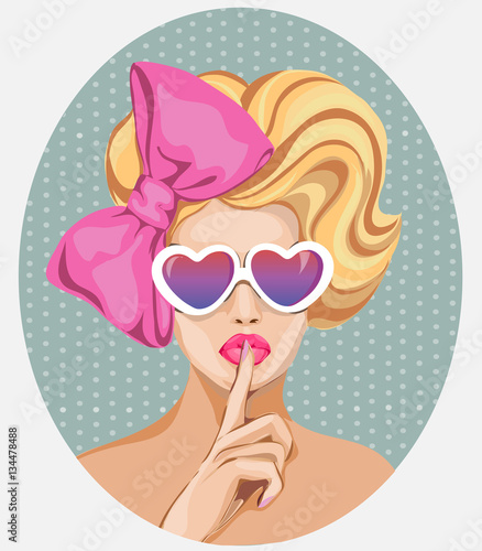 Valentines Day Pin-up sexy woman portrait with hearts sunglasses and finger on her lips, Silence Gesture. Pop Art girl vector