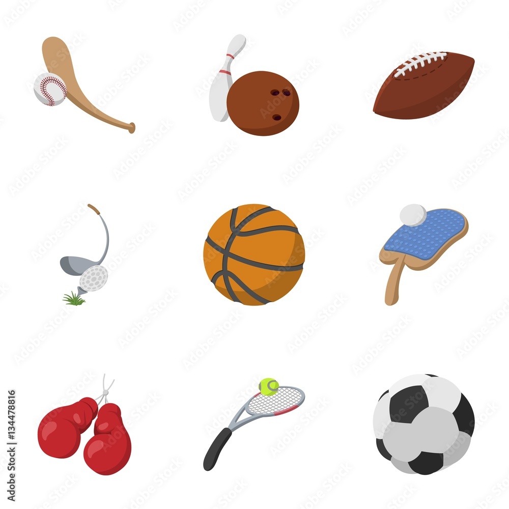 Sports stuff icons set, cartoon style