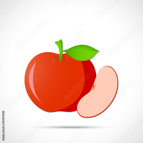 Red apple with leaf and with sliced lobule. Fruit icon.