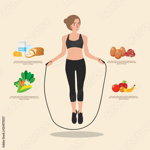 Cute sporty girl jumping with skipping rope. Creative flat style design illustration. Sport training, healthy food