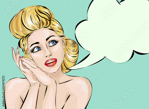 Pin-up dreaming woman with speech bubble. Pop-Art girl hand drawn vector illustration