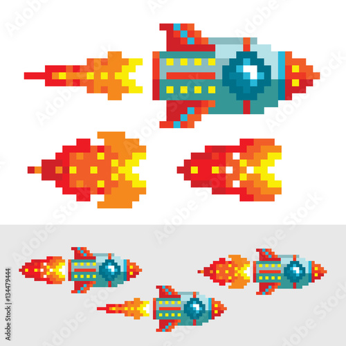 Pixel rocket with flame. Different phases of pixel flame for animation. Old school arcade game design. Video game retro style. Space level.