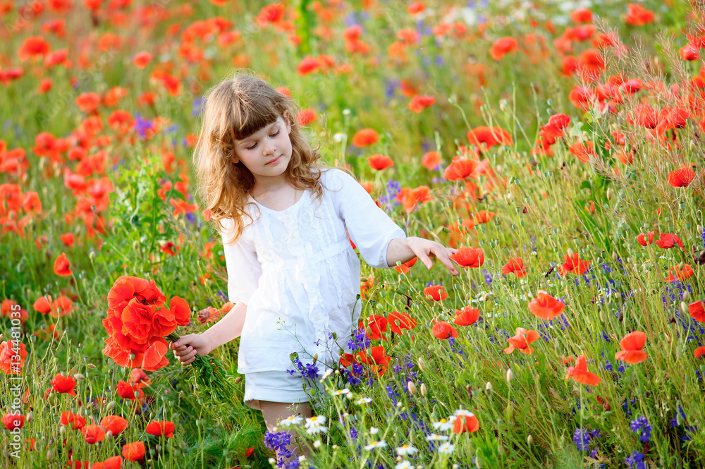 Sweet little girl with a bouquet of red poppies enjoying Sweet little girl with a bouquet of red poppies enjoying