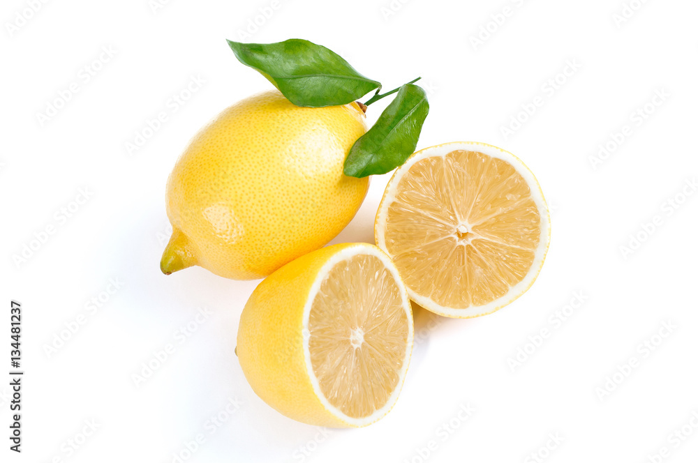 Fresh ripe lemons. Top view.  Isolated on white background.
