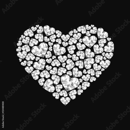 Heart of shiny diamonds on black background