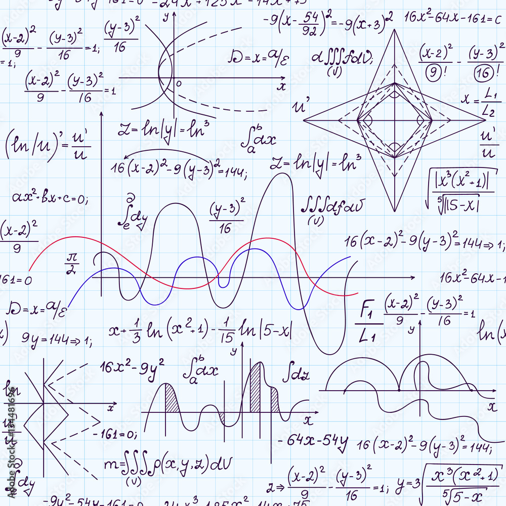 Mathematical educational vector seamless pattern with equations, formulas, calculations, figures and multicolored plots, handwritten on grid copybook paper Mathematical educational vector seamless pattern with equations, formulas, calculations, figures and multicolored plots, handwritten on grid copybook paper