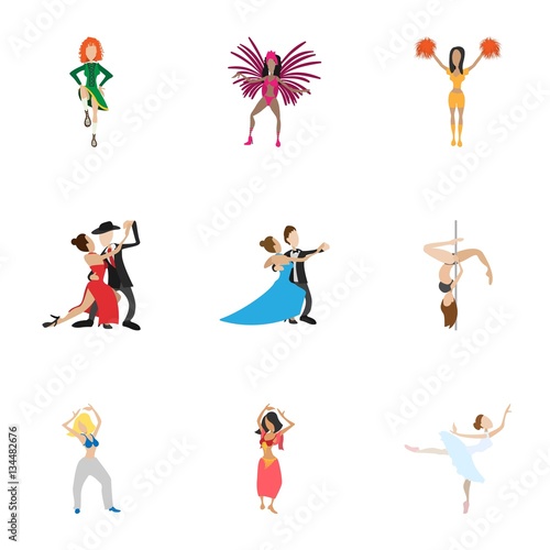 Kind of dances icons set, cartoon style