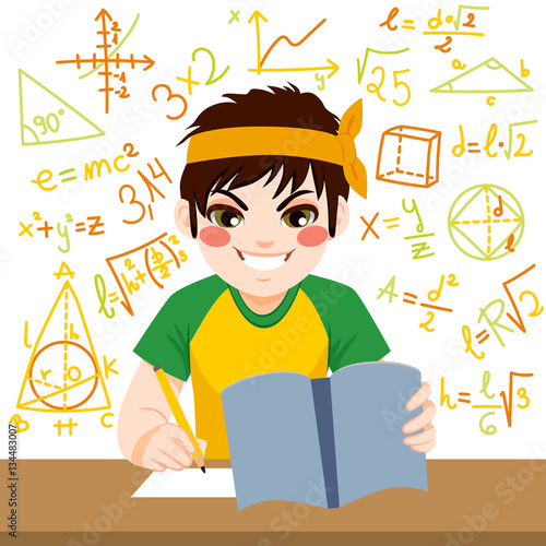 Young teenager boy studying hard mathematics exam with notebook surrounded by formulas