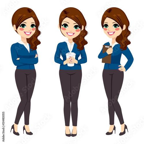 Beautiful young businesswoman on three different pose with coffee crossed arms and folder