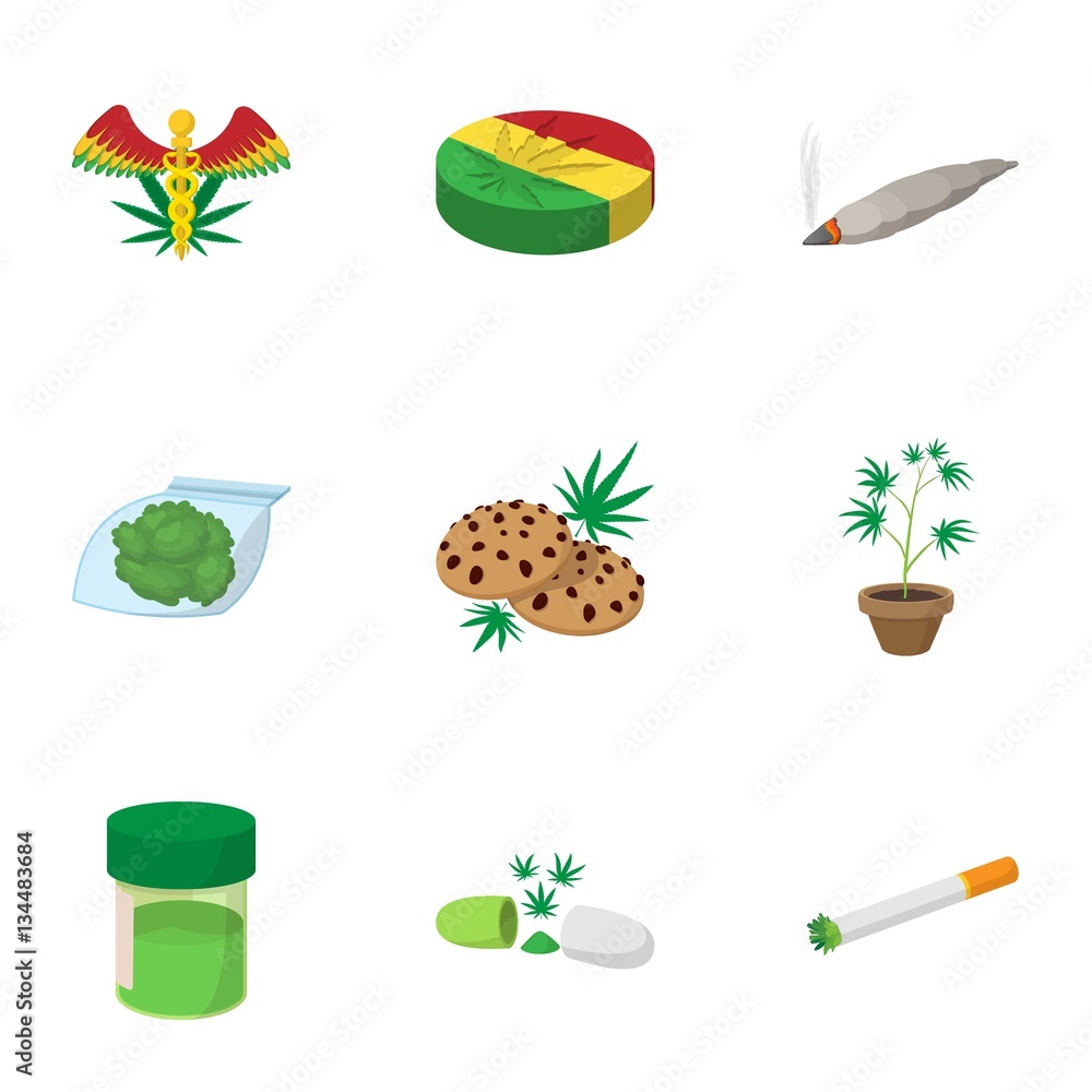 Drug icons set, cartoon style