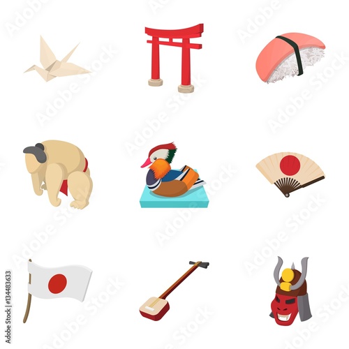 Attractions of Japan icons set, cartoon style