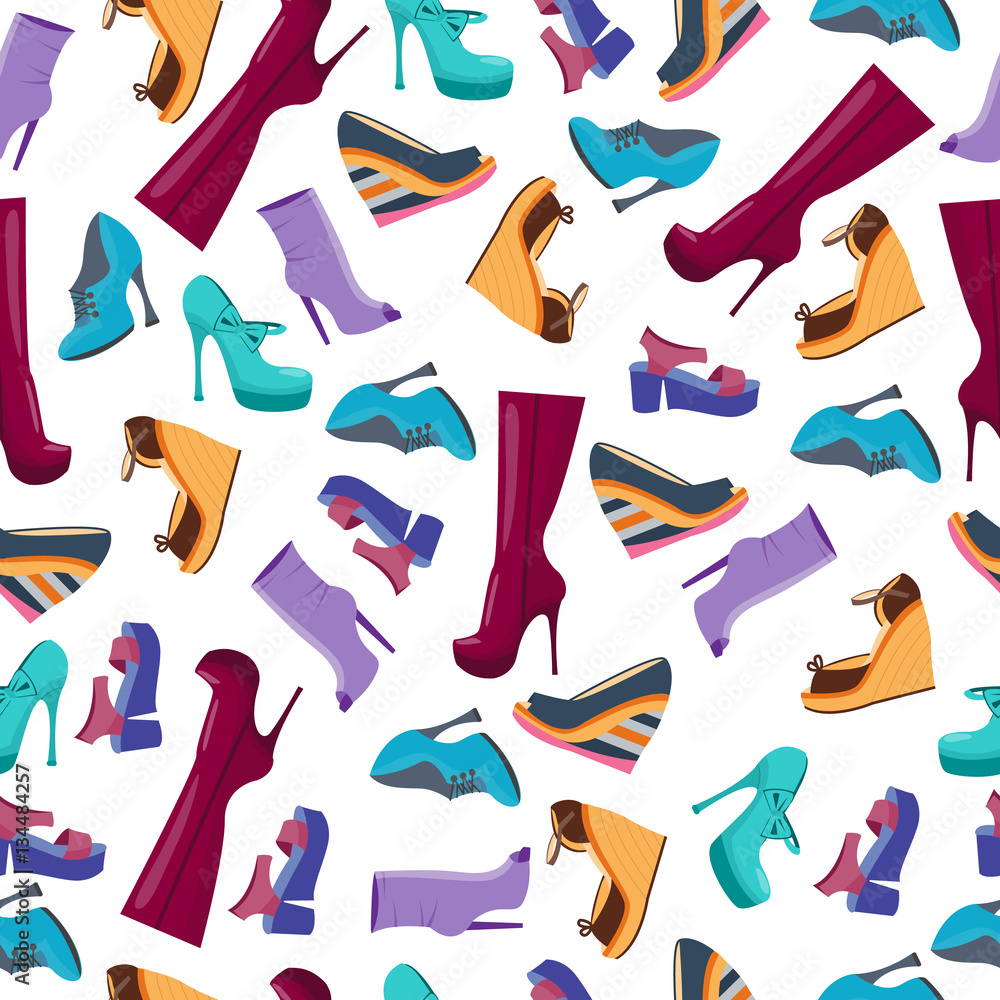 Seamless pattern of shoes and boots. Background for wrapping paper and sales packages. Vector illustration. Cartoon flat style
