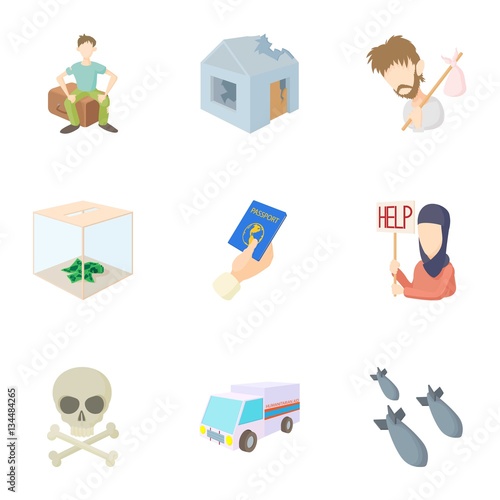 People refugees icons set, cartoon style