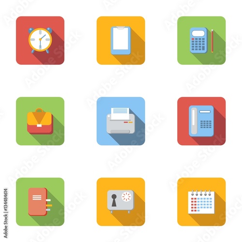 Office supplies icons set, flat style