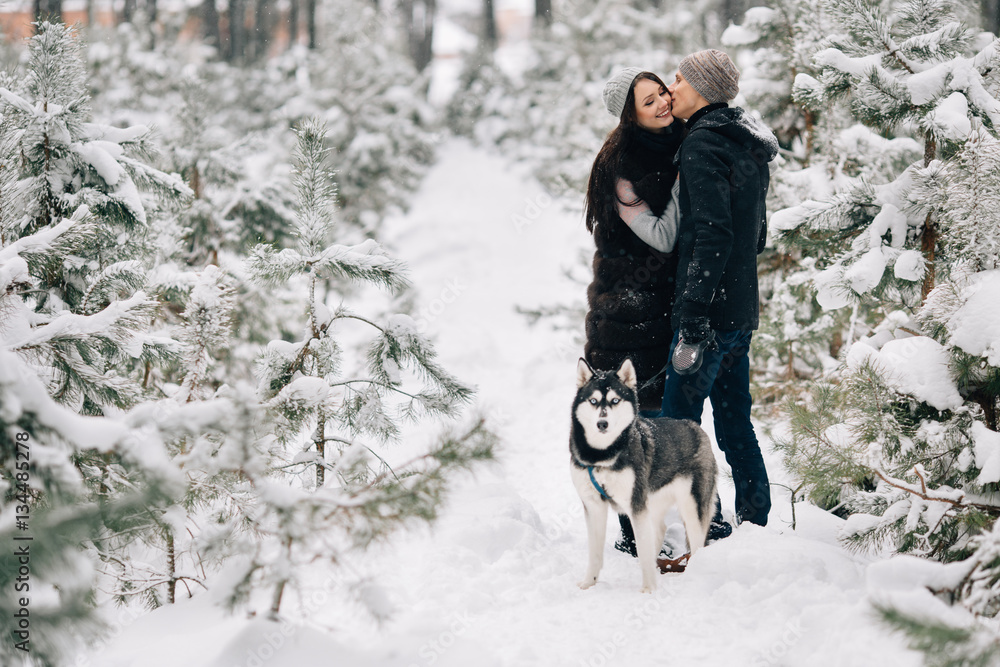 Beautiful couple in love and Siberian husky dog walking in snowy pine winter forest
