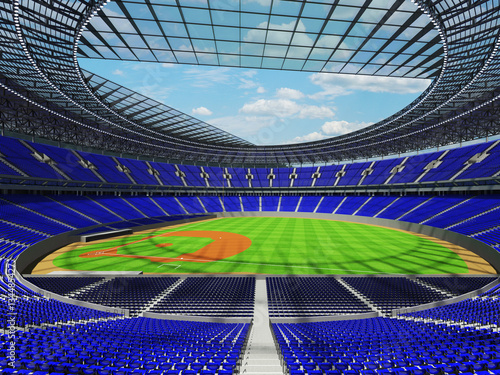 3D render of baseball stadium with blue seats and VIP boxes