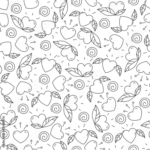 doodle elements for Valentines day. hearts and leaves.vector seamless pattern. design for coloring page.