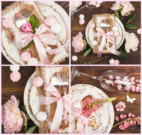 Tableware and silverware with flowers, sweets and decorations photo