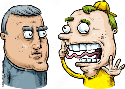 A cartoon of a serious older man looking at a silly, wacky younger man with his finger in his nose.