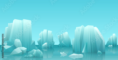 Cartoon nature winter arctic ice landscape with iceberg, snow mountains rocks hills. Vector game style illustration.