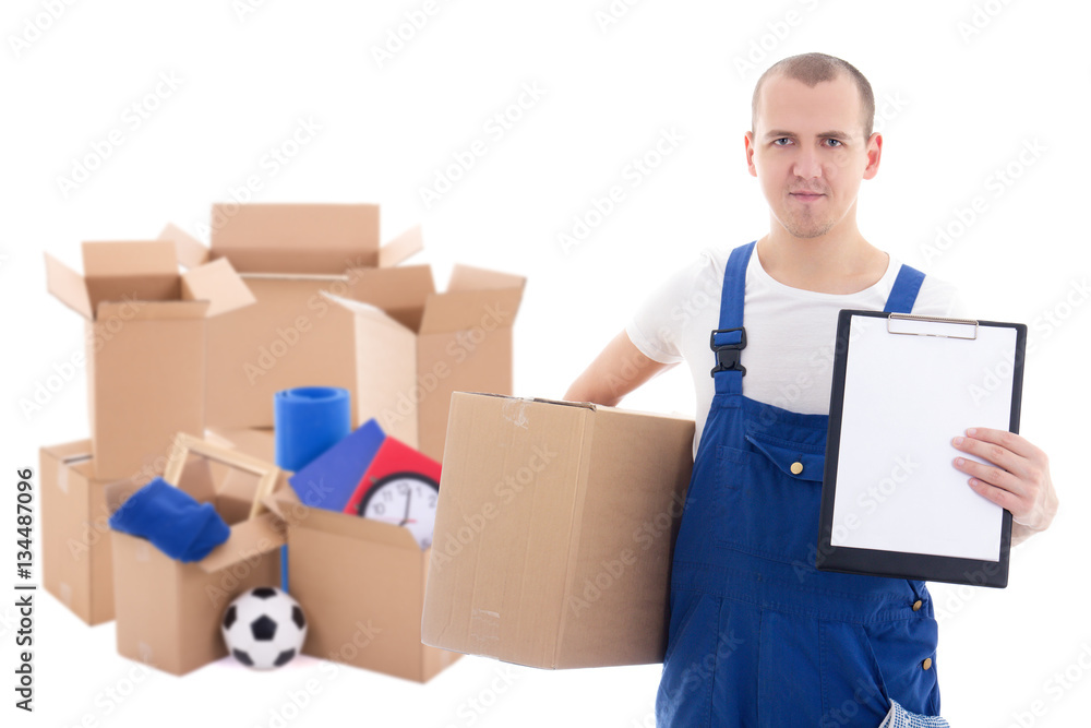 post delivery service man in uniform holding blank clipboard and post delivery service man in uniform holding blank clipboard and