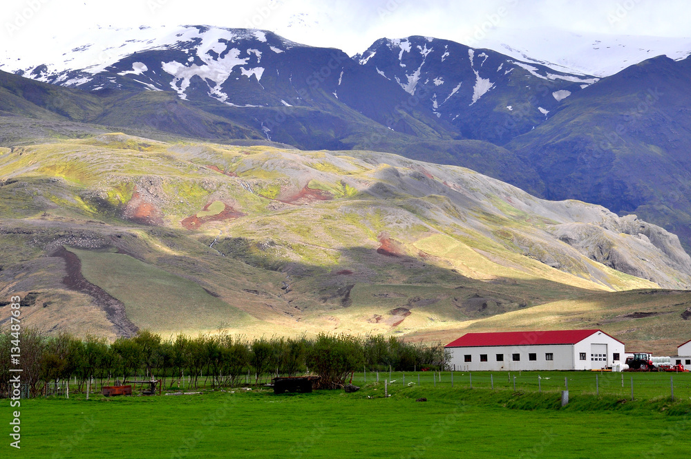 Icelandic farm in the mountains - obrazy, fototapety, plakaty 